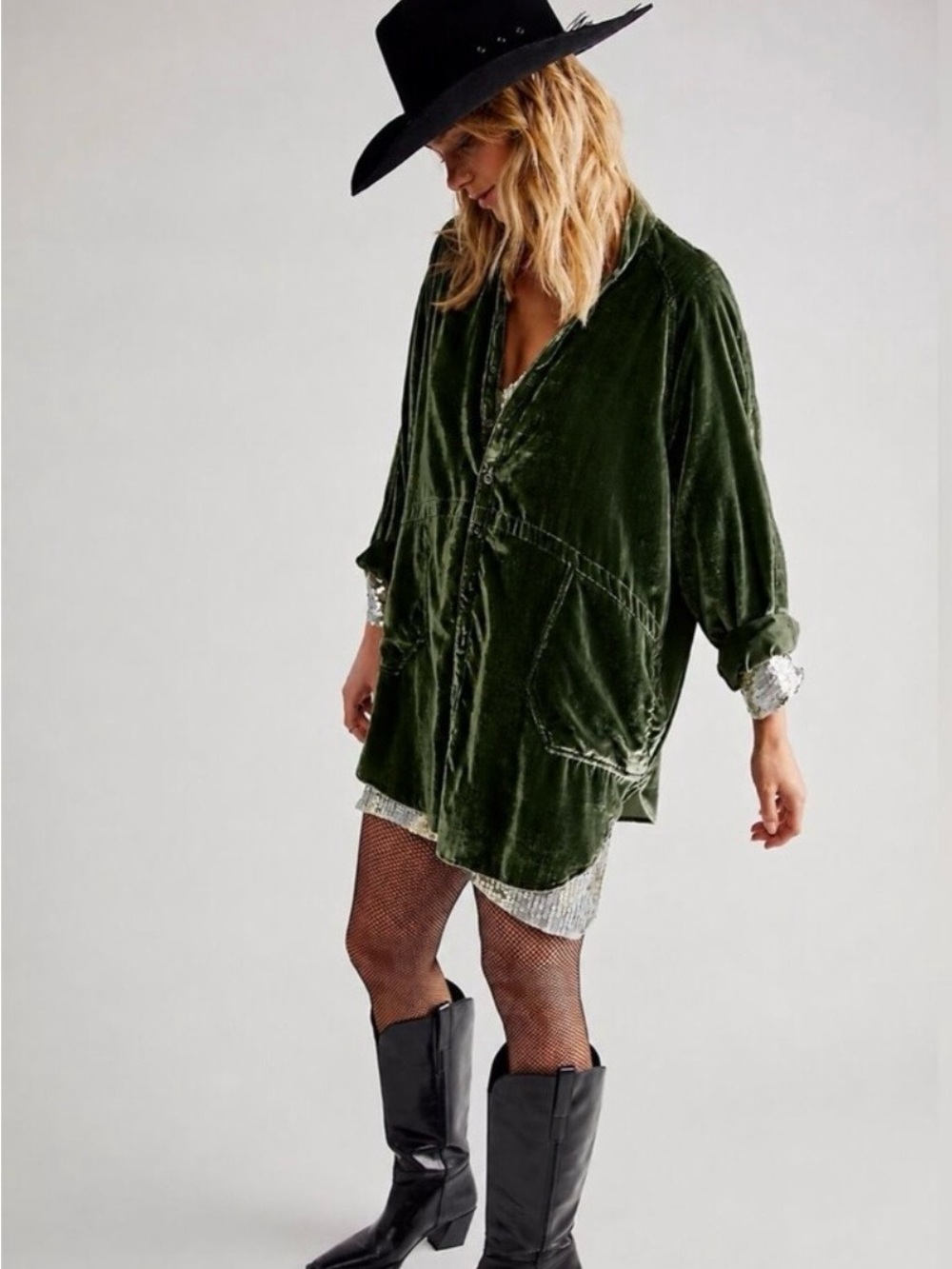 Natural Life Laid Back Velvet Button Down Tunic Shirt Shacket Green, Size XXL - Picture 3 of 10